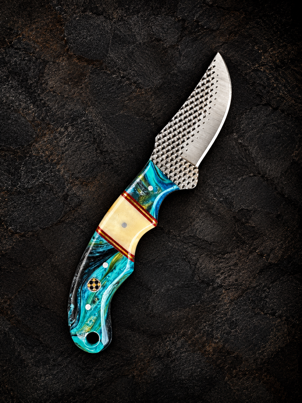 Titan "Lagoon Swirl" Resin Skinner | High Carbon RASP Steel Blade, Teal Resin Handle TIK-001