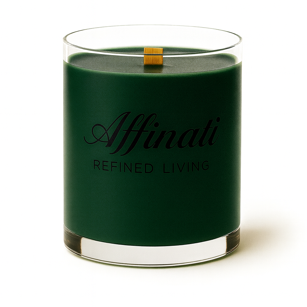 Dark green frosted glass soy candle with a wooden wick sitting in snow against a blurred winter forest background.