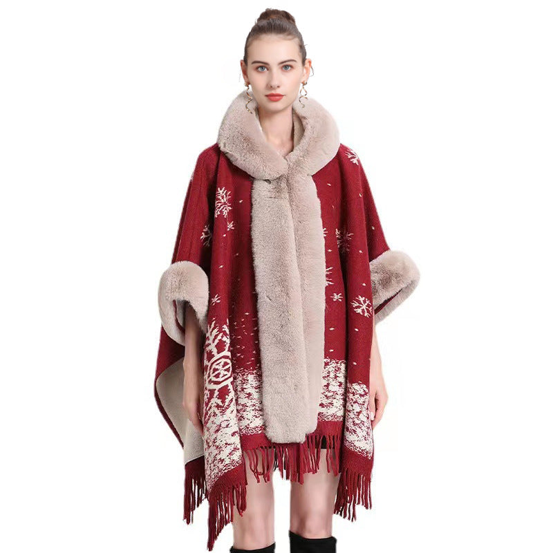 Women's Knitted Hooded Poncho with Fur Trim & Tassels for Winter