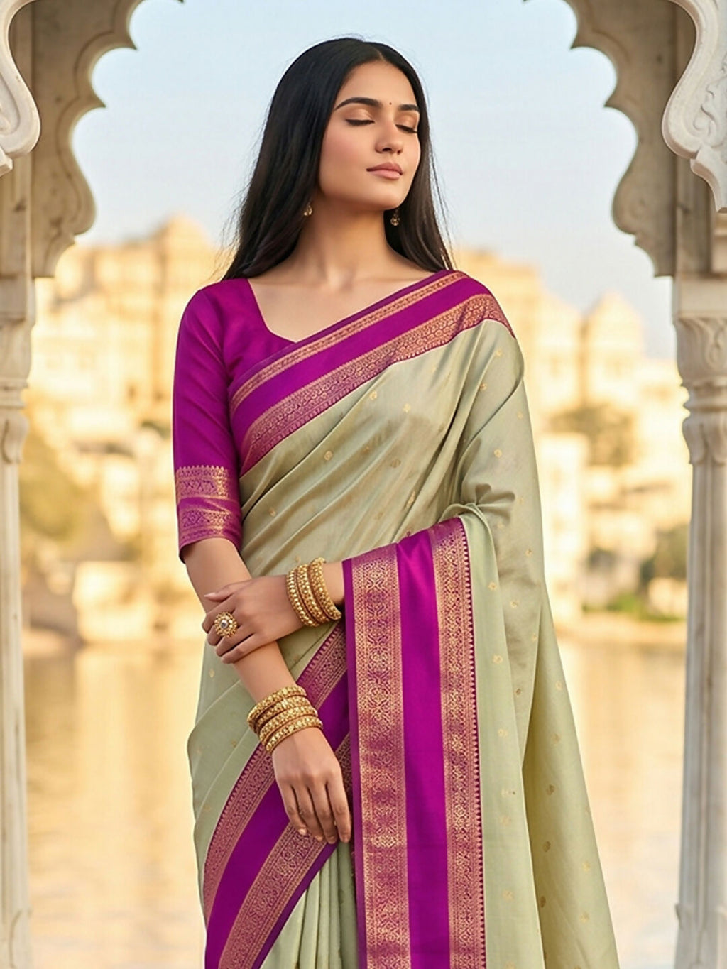 Chiku Silk Blend Saree with Matching Blouse Piece