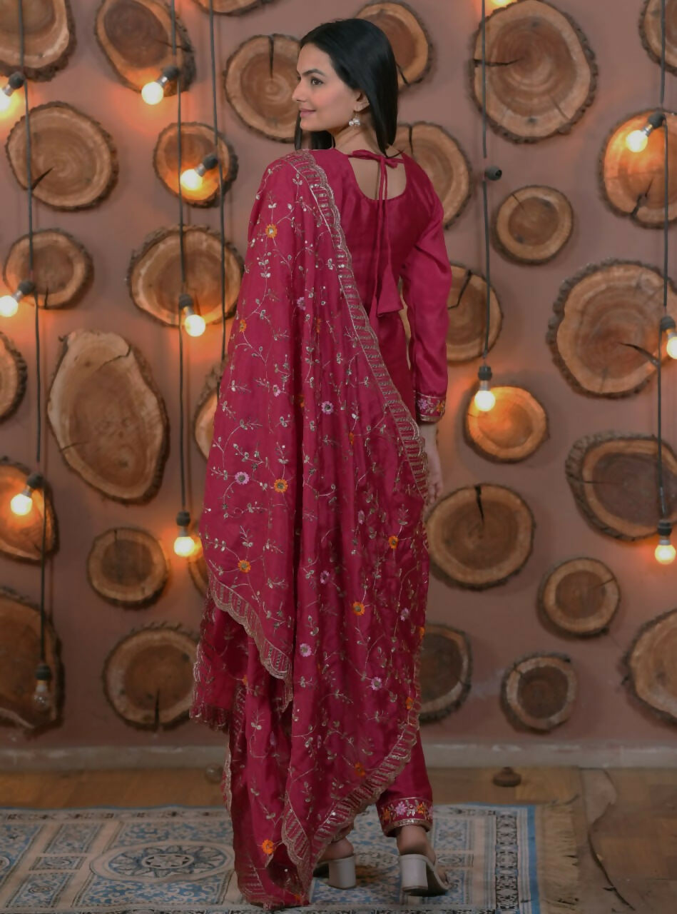 Pink Silk Embroidered Kurti Set with Stitched Design