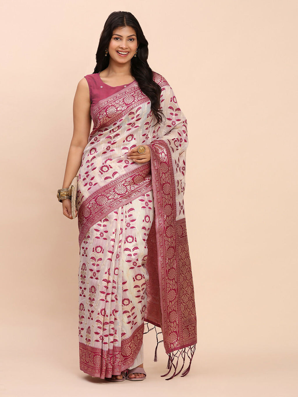 Purple Linen Cotton Saree with Matching Blouse