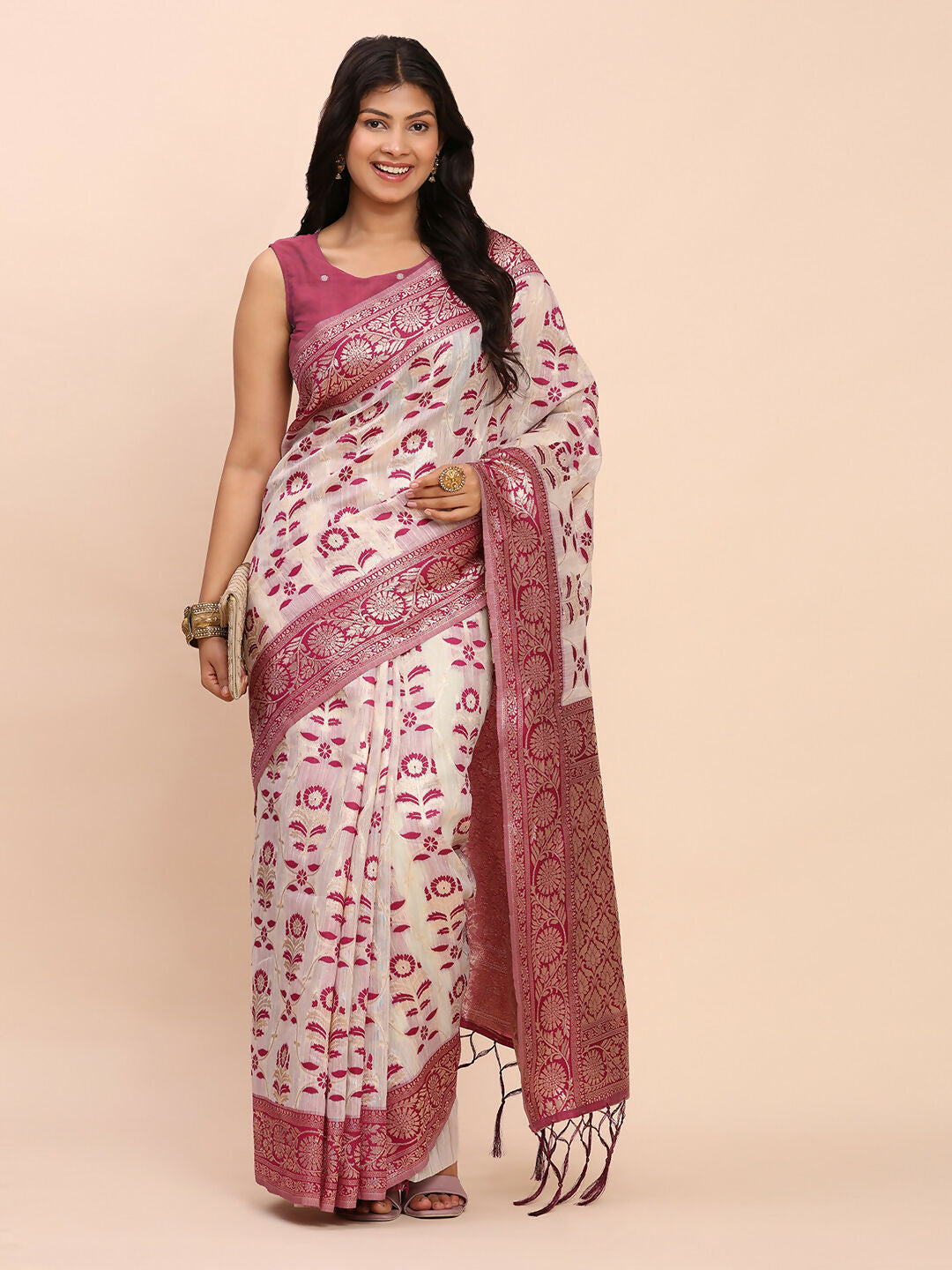 Purple Linen Cotton Saree with Matching Blouse