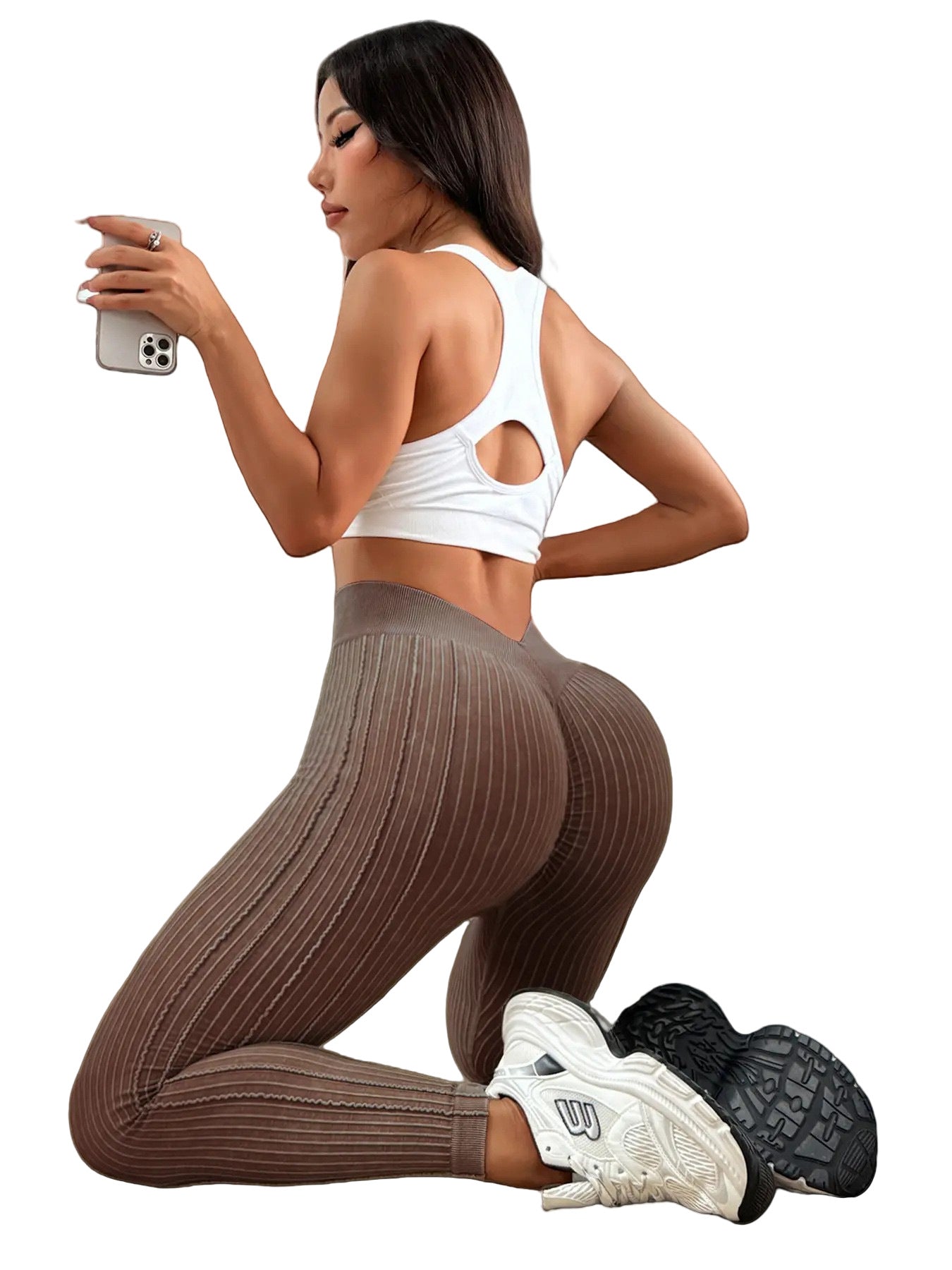 Ribbed High-Waist Back V Yoga Pants Sand Wash Athletic Leggings