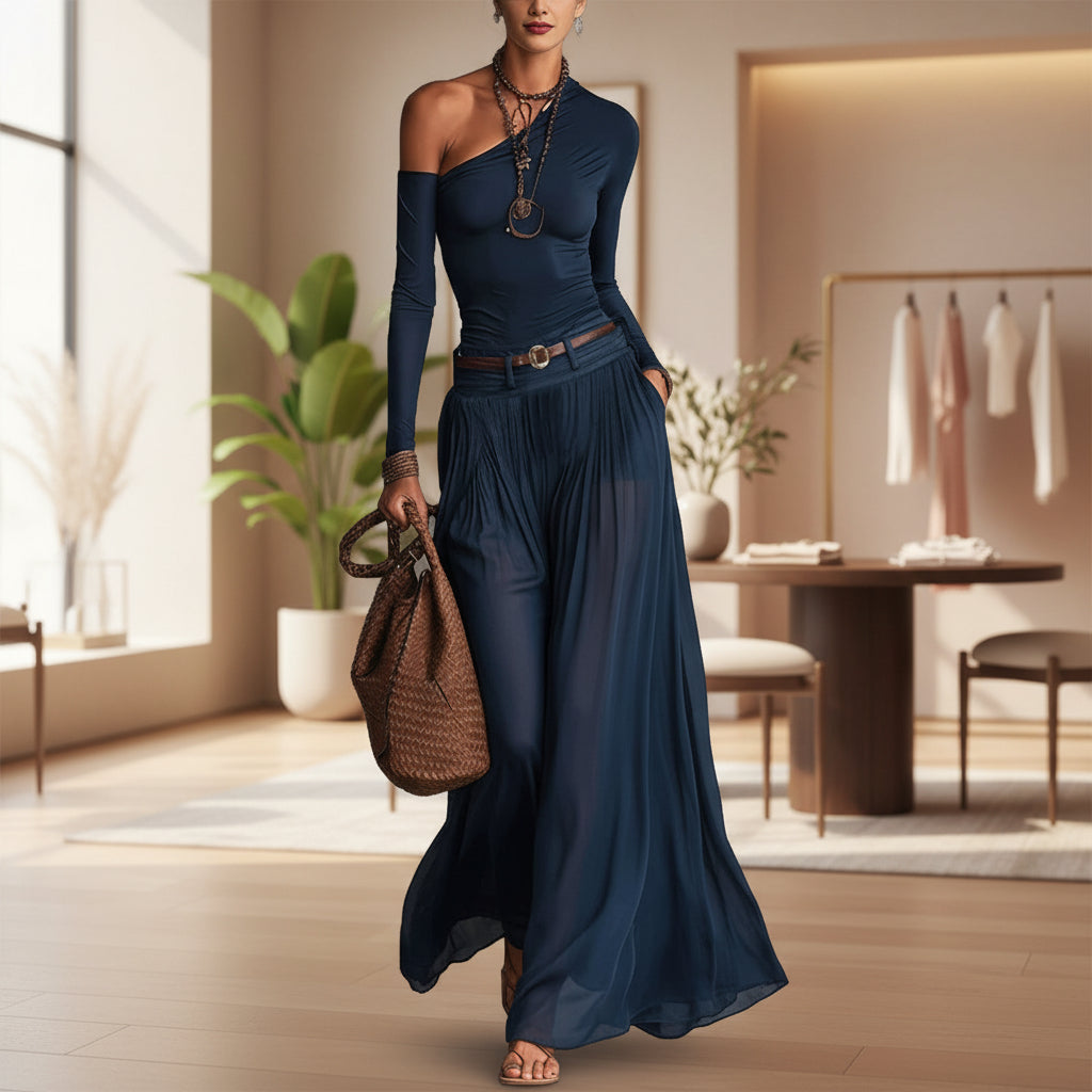 Asymmetrical Shoulder Belted A-Line Maxi Dress - Office Ready