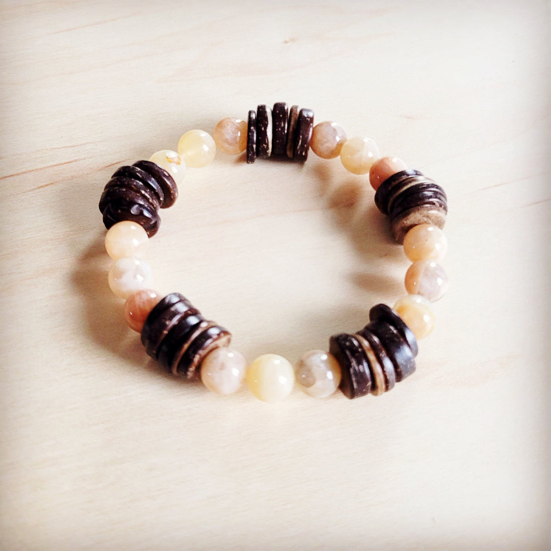 Natural Agate and Wood Beaded Stretch Bracelet - Image 5