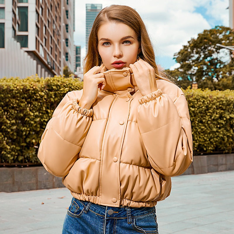 Women's Cropped Puffer Jacket with Standing Collar & Faux Leather Look - Image 5