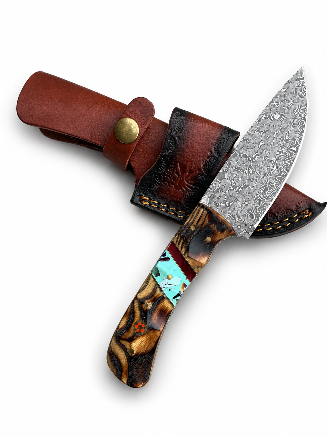Copper Canyon Damascus Steel Hunter Knife with Turquoise Inlay
