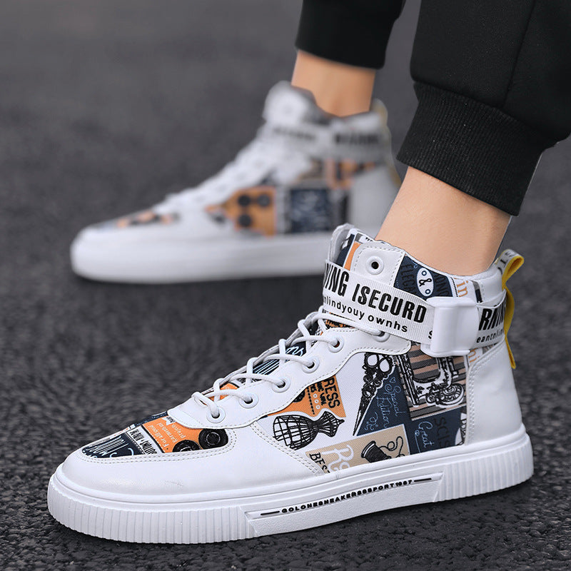 White Multi-Color Harajuku High-Top Graphic Print Sneakers