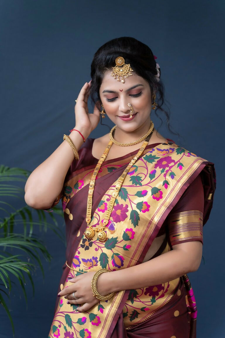 Brown Paithani Silk Saree with Zari Woven Details and Blouse