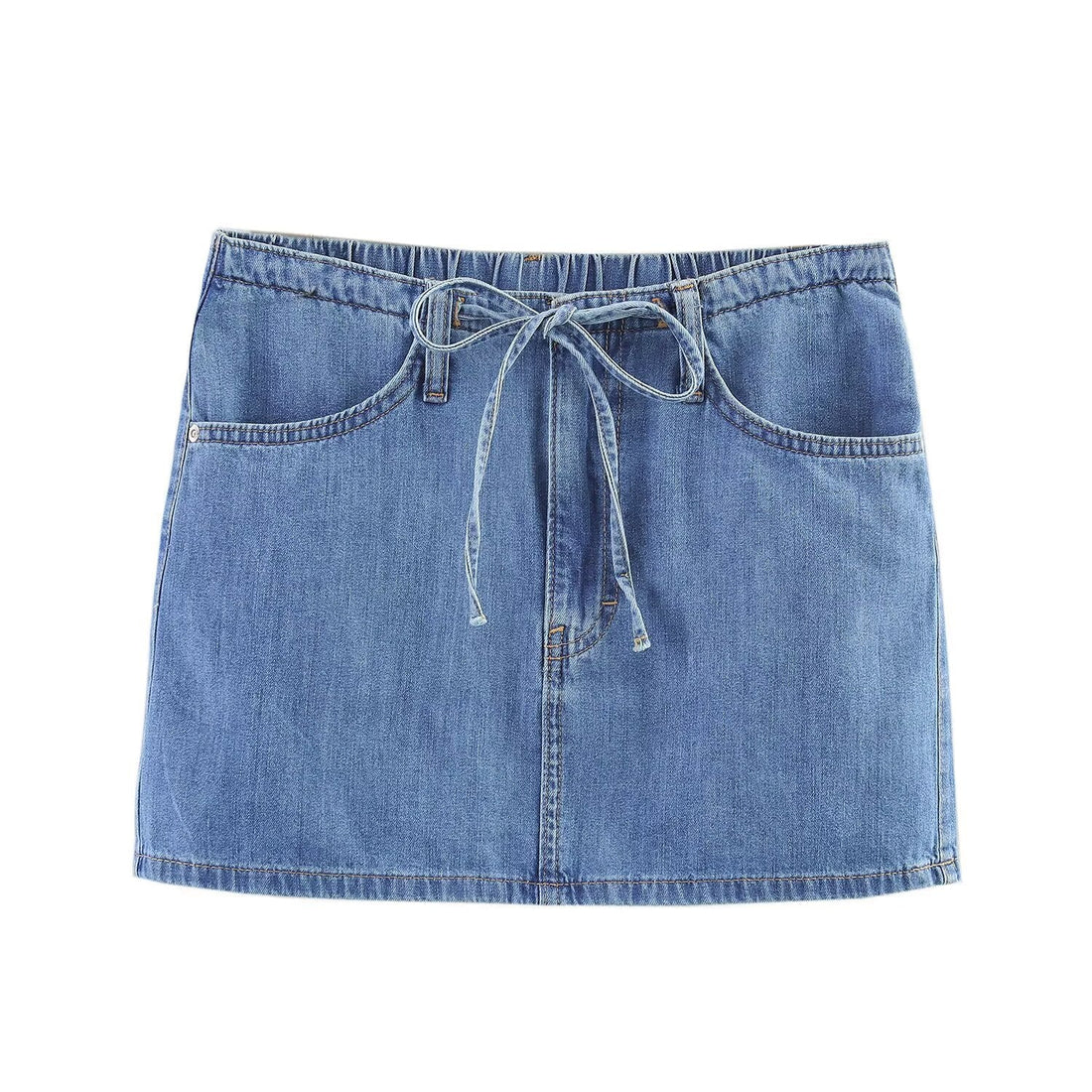 Women's blue denim A-line mini skirt with elastic drawstring waist and patch pockets