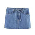 Women's blue denim A-line mini skirt with elastic drawstring waist and patch pockets
