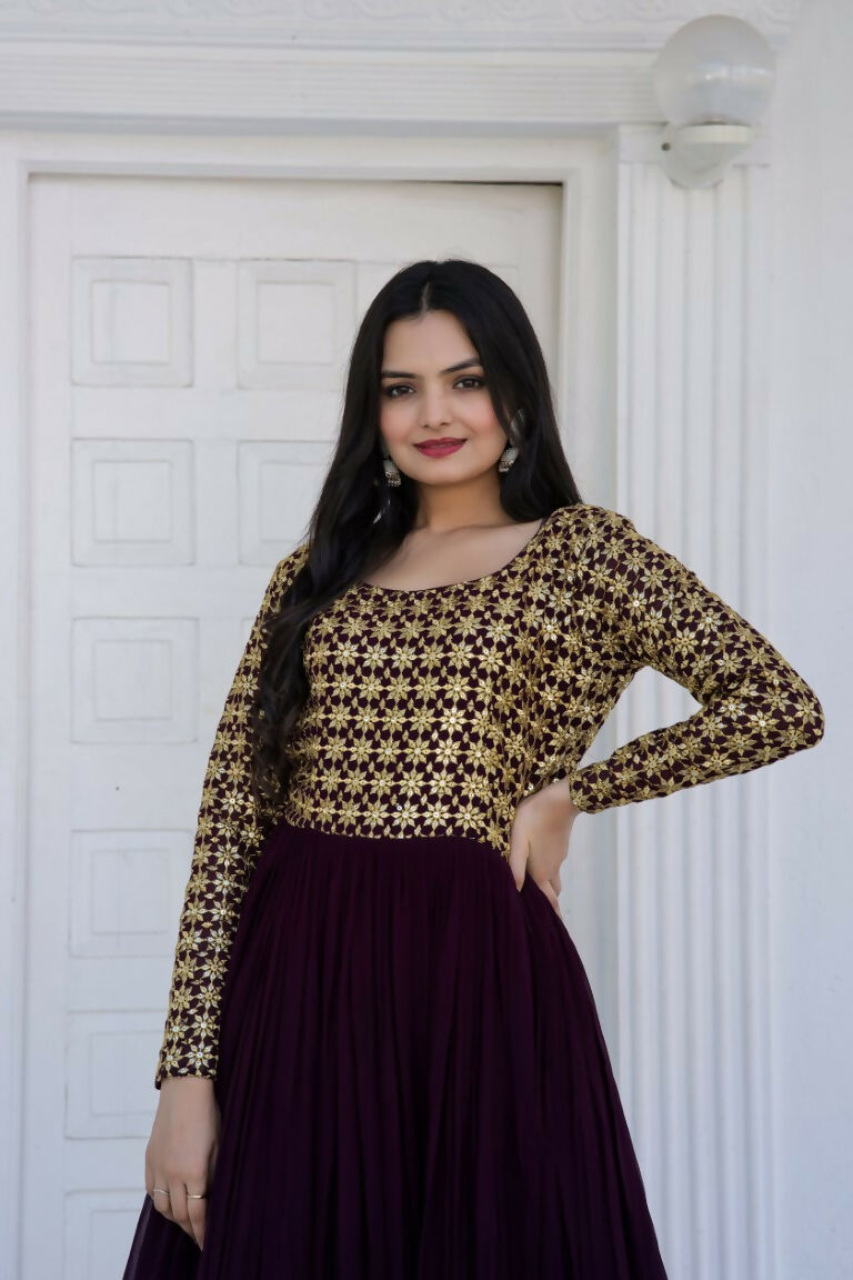 Wine Faux Blooming Anarkali Dress with Sequence Zari Embroidery