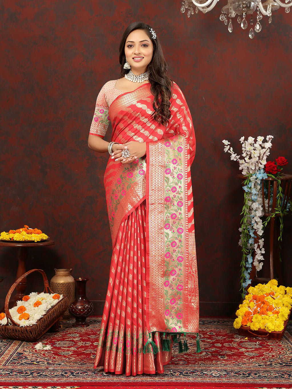Red Leheriya Soft Silk Saree with Zari Weaving Design