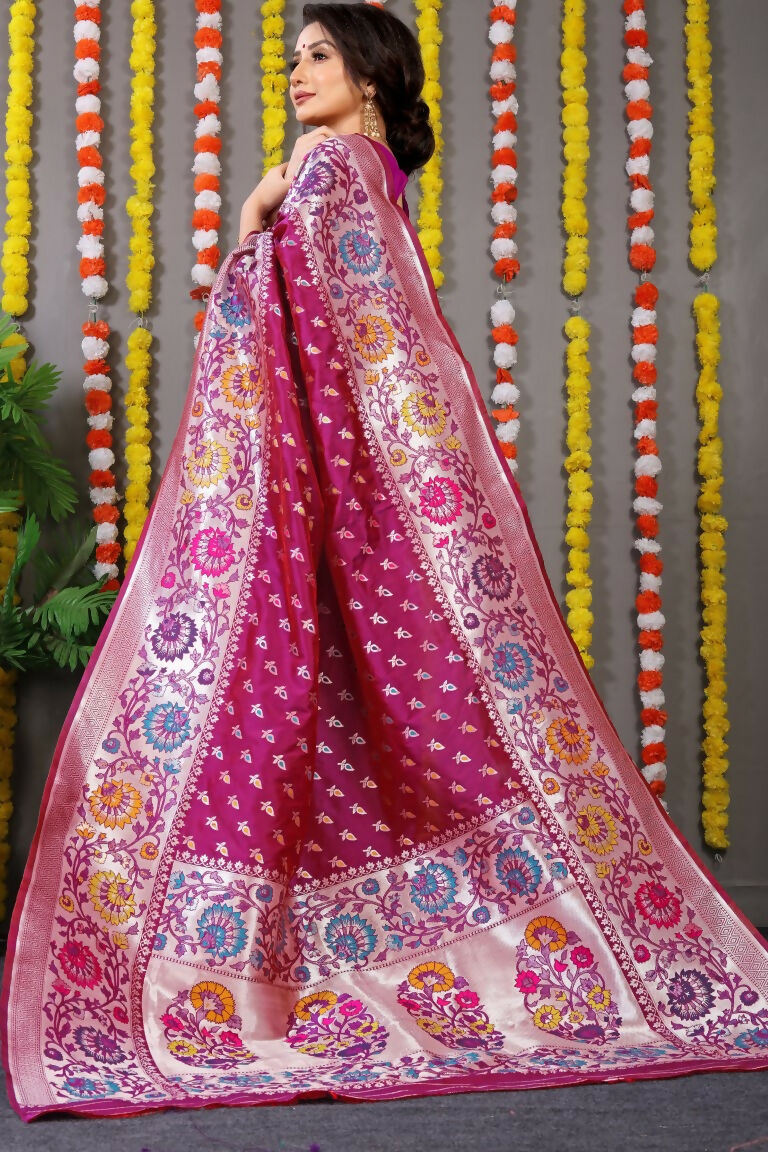 Magenta Banarasi Silk Zari Woven Saree with Matching Blouse