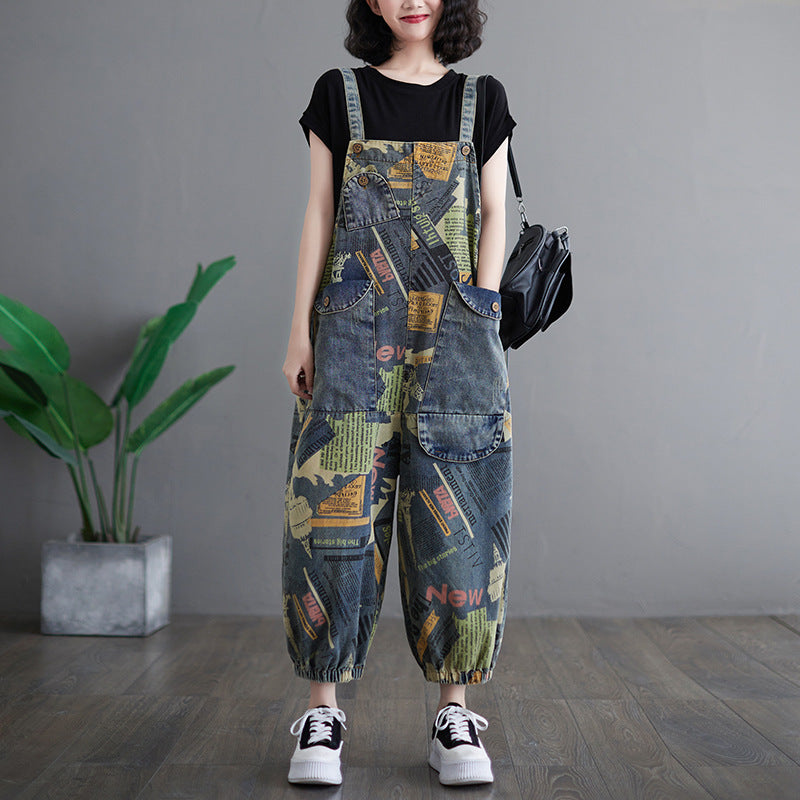 Women's Retro Artistic Print Denim Overalls Loose Fit - Image 4