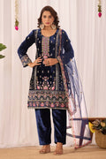 Close up of Blue Velvet Kurta Set with sequence detailing
