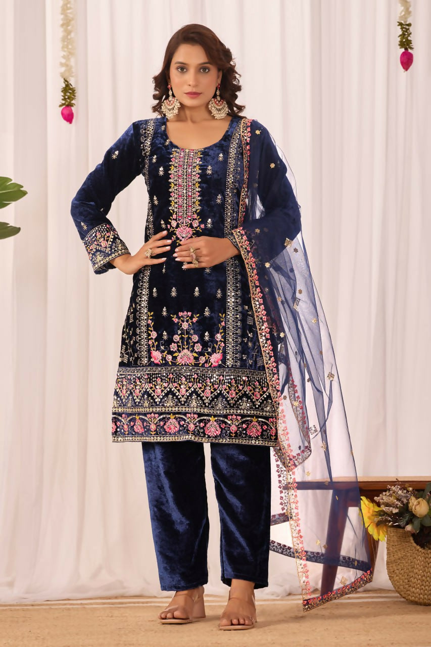 Close up of Blue Velvet Kurta Set with sequence detailing