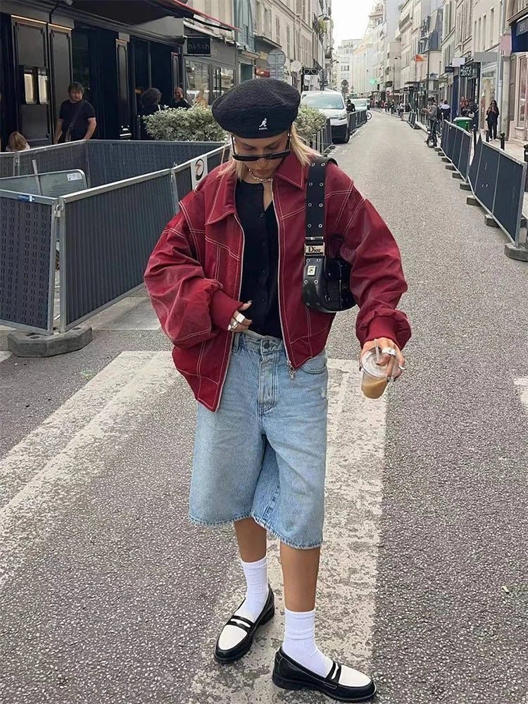 Women's Oversized Red Faux Leather Harajuku Bomber Jacket - Image 4