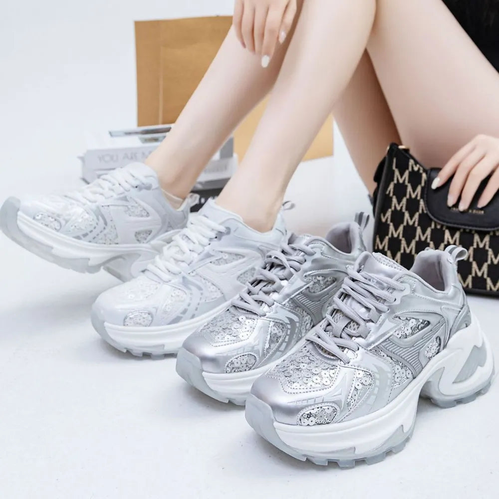 White Silver Sequined Platform Lace-Up Chunky Sneakers - Image 4