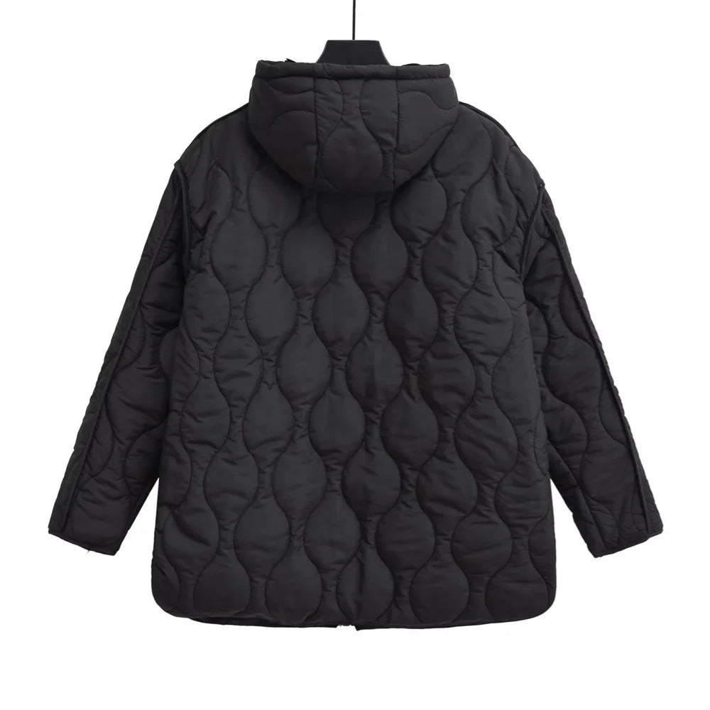 Women's Harajuku Style Quilted Hooded Jacket - Black, White, Blue - Image 5