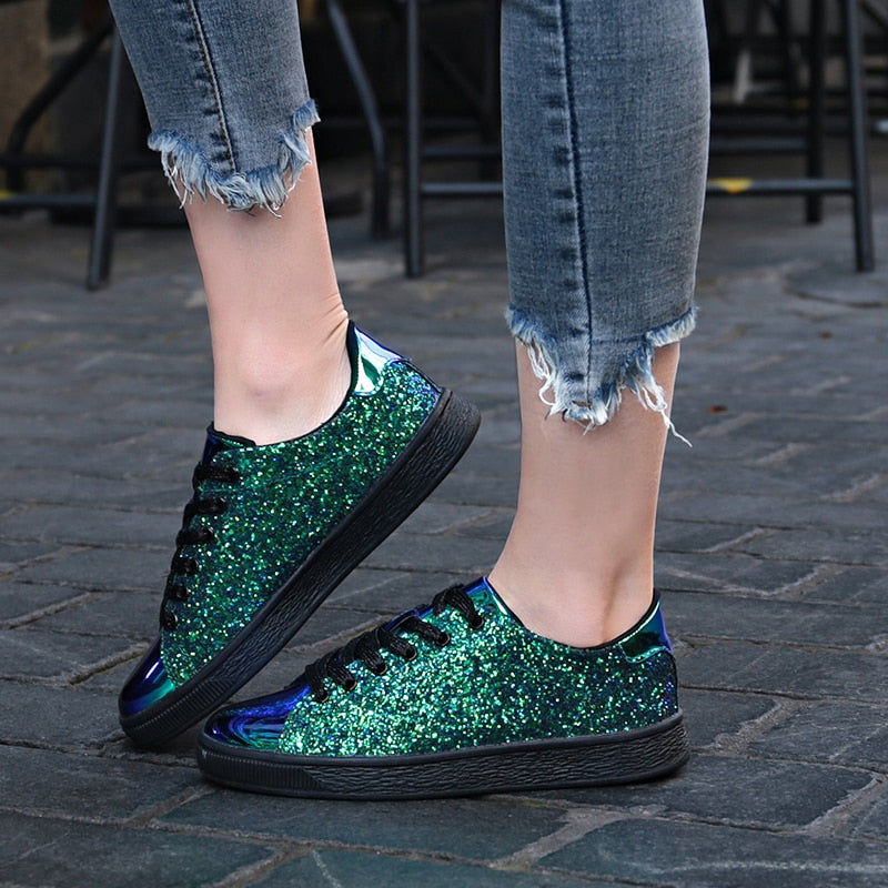 Women's Bling Green Glitter Metallic Lace-Up Sneakers - Image 3