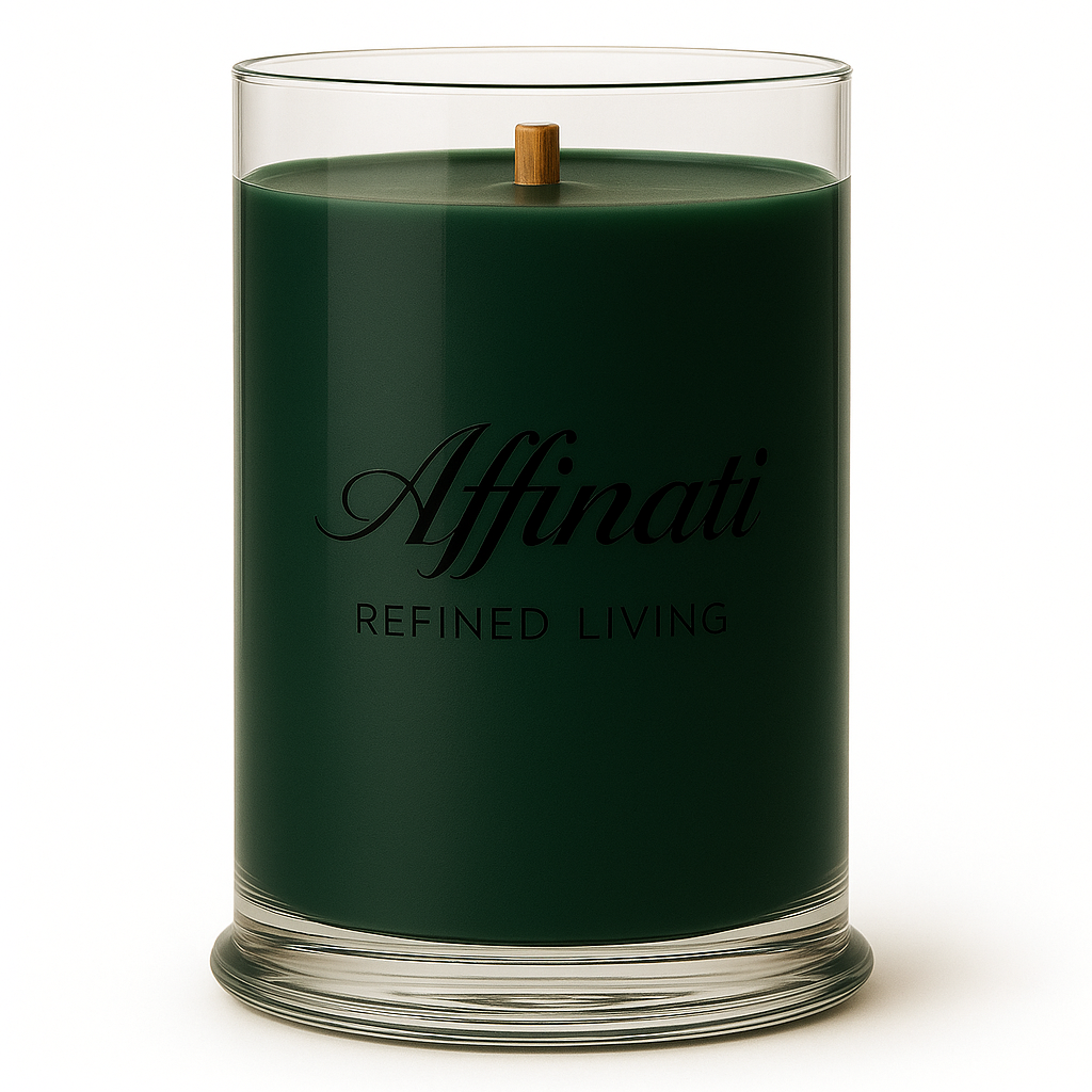 A 21 oz Winter Spruce candle in a glass container with a wooden wick, labeled with Affinati Refined Living branding.