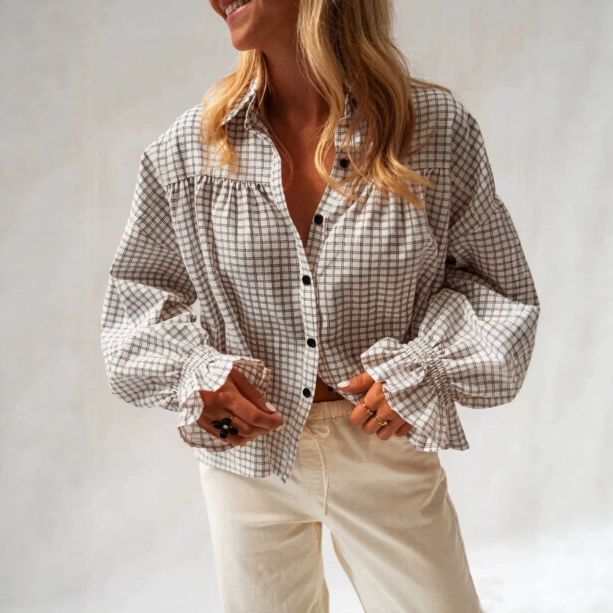 Women's Plaid Flared Sleeve Shirt Loose Fit Long Sleeve Button-Up