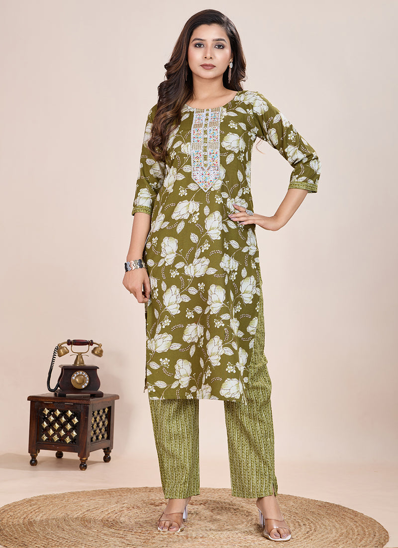 Mahendi colored printed cotton blend kurta and matching pant set