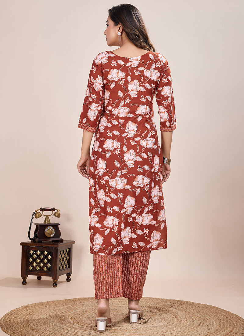 Orange Printed Cotton Blend Kurta Pant Set for Festive Wear