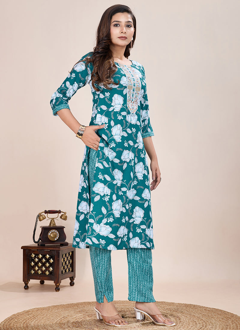 Turquoise Printed Cotton Blend Kurta Pant Set for Women