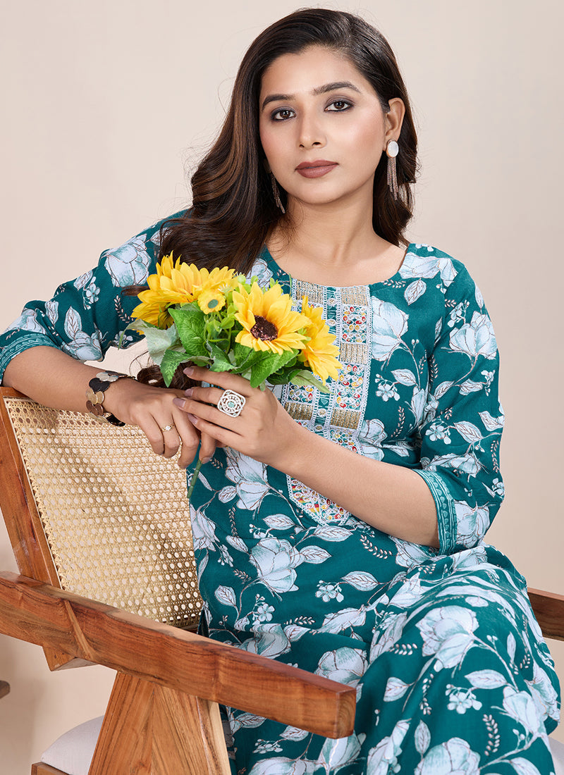 Turquoise Printed Cotton Blend Kurta Pant Set for Women