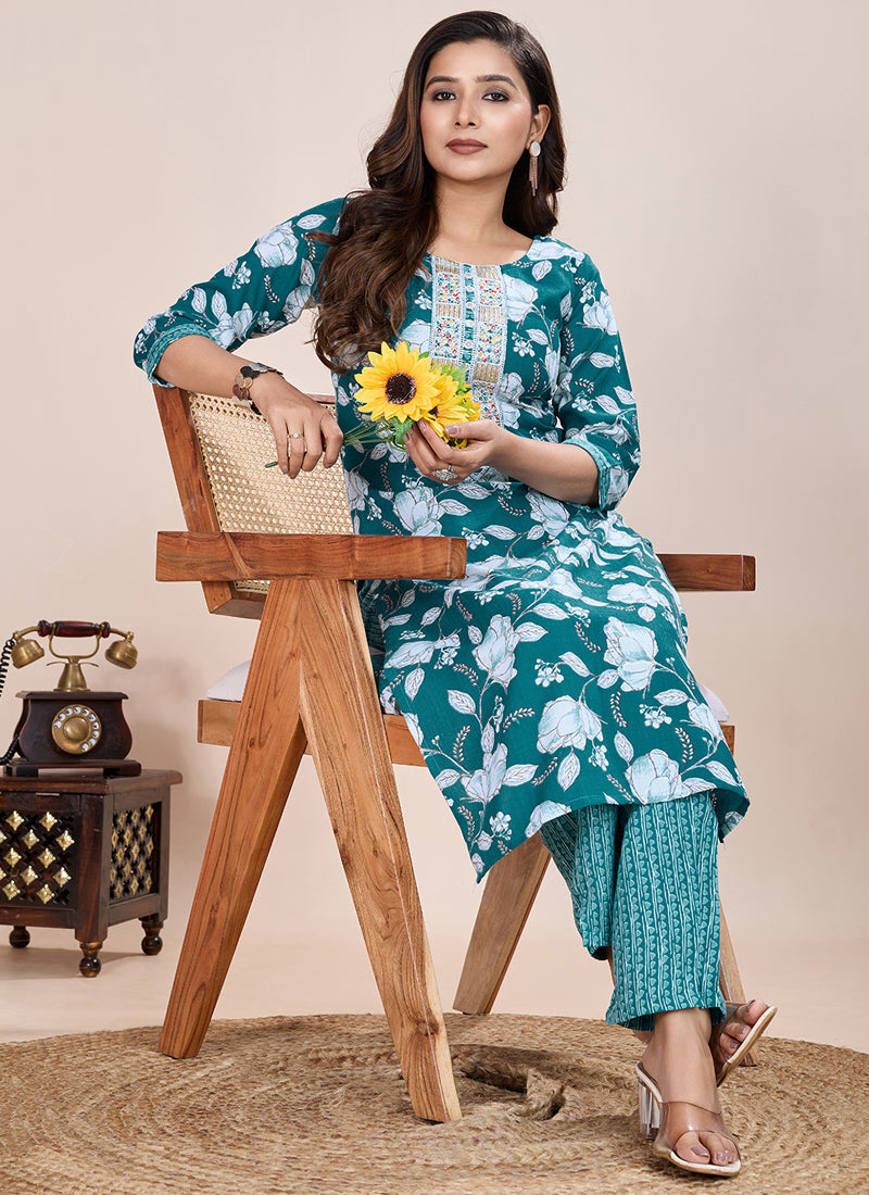 Turquoise Printed Cotton Blend Kurta Pant Set for Women