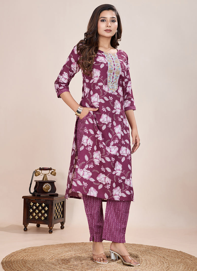 Wine Printed Cotton Blend Kurta Pant Set