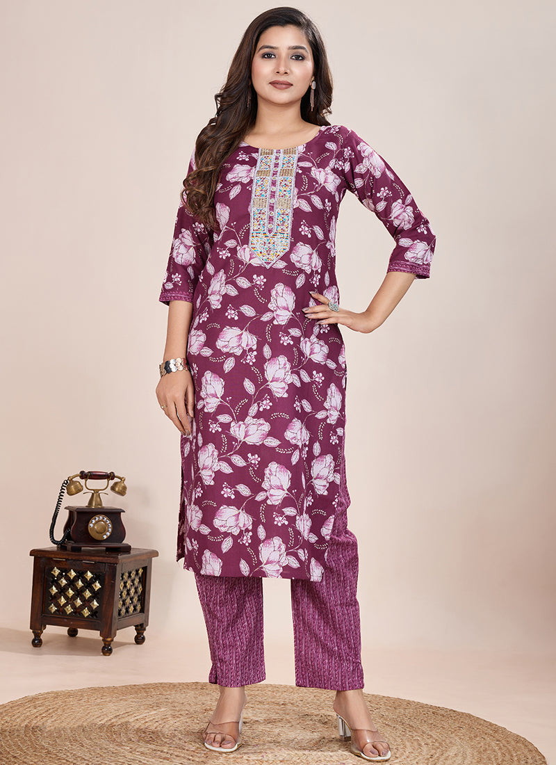Wine printed cotton blend kurta and pant set for women.