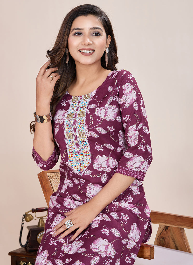 Wine Printed Cotton Blend Kurta Pant Set
