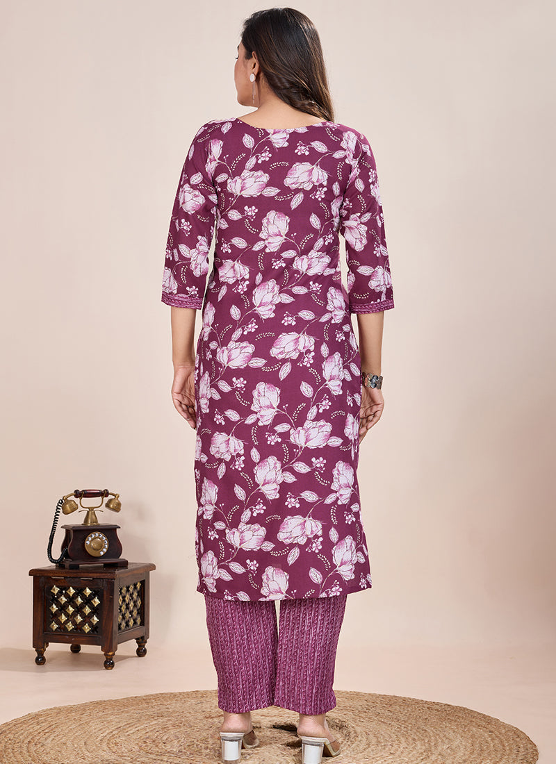 Wine Printed Cotton Blend Kurta Pant Set