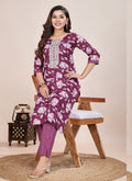 Wine Printed Cotton Blend Kurta Pant Set
