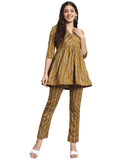 Mustard colored Cotton Rayon co-ord set featuring 3/4 sleeves and a relaxed fit