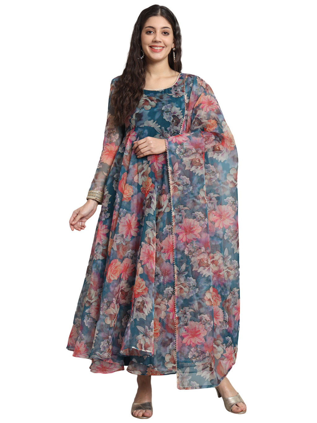 Elegant blue organza anarkali featuring intricate floral prints and gota embellishments
