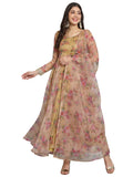 A beautiful pink floral Anarkali set crafted in organza fabric with golden accents.