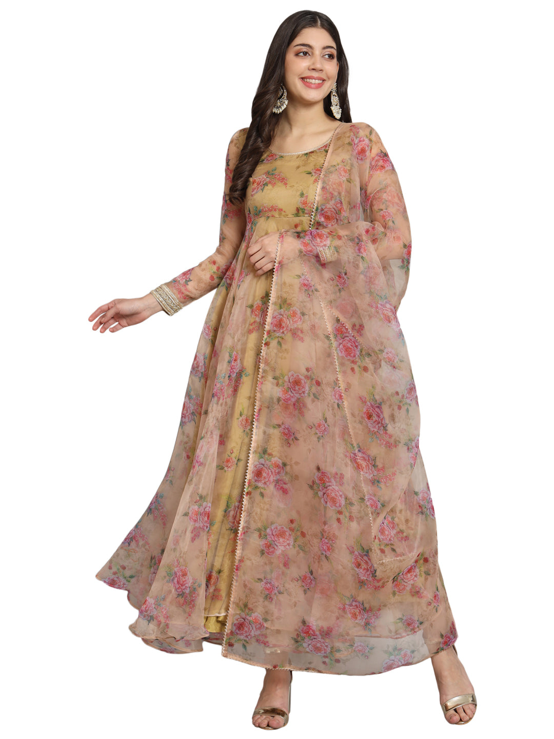 A beautiful pink floral Anarkali set crafted in organza fabric with golden accents.