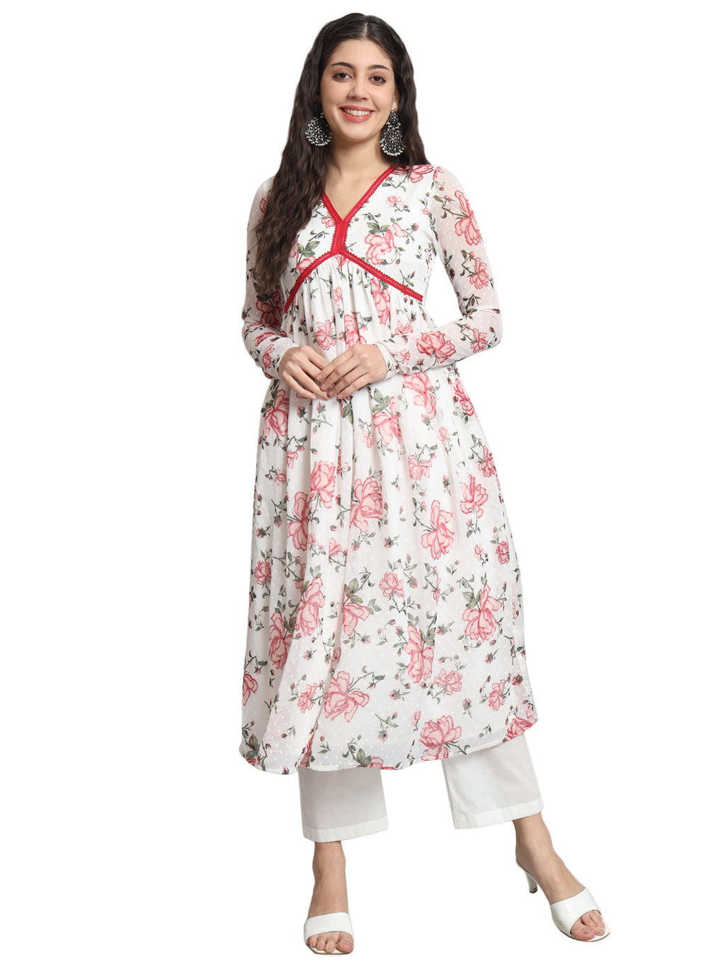 Model wearing a White Floral Alia Cut ethnic co-ord set with elegant floral patterns