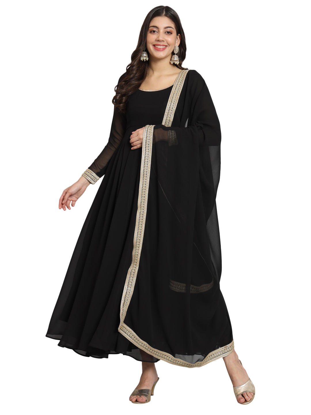 Elegant black Anarkali set featuring intricate gota work on flowing georgette fabric