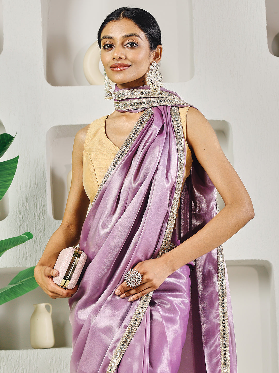 Light Pink Ready to Wear Saree with Golden Lace Detail