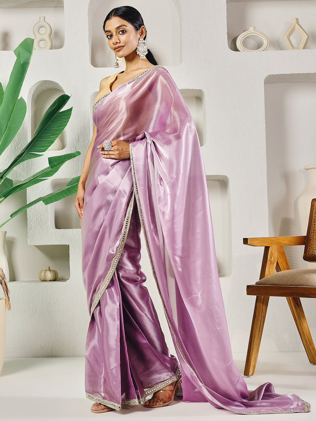 Light Pink Ready to Wear Saree with Golden Lace Detail