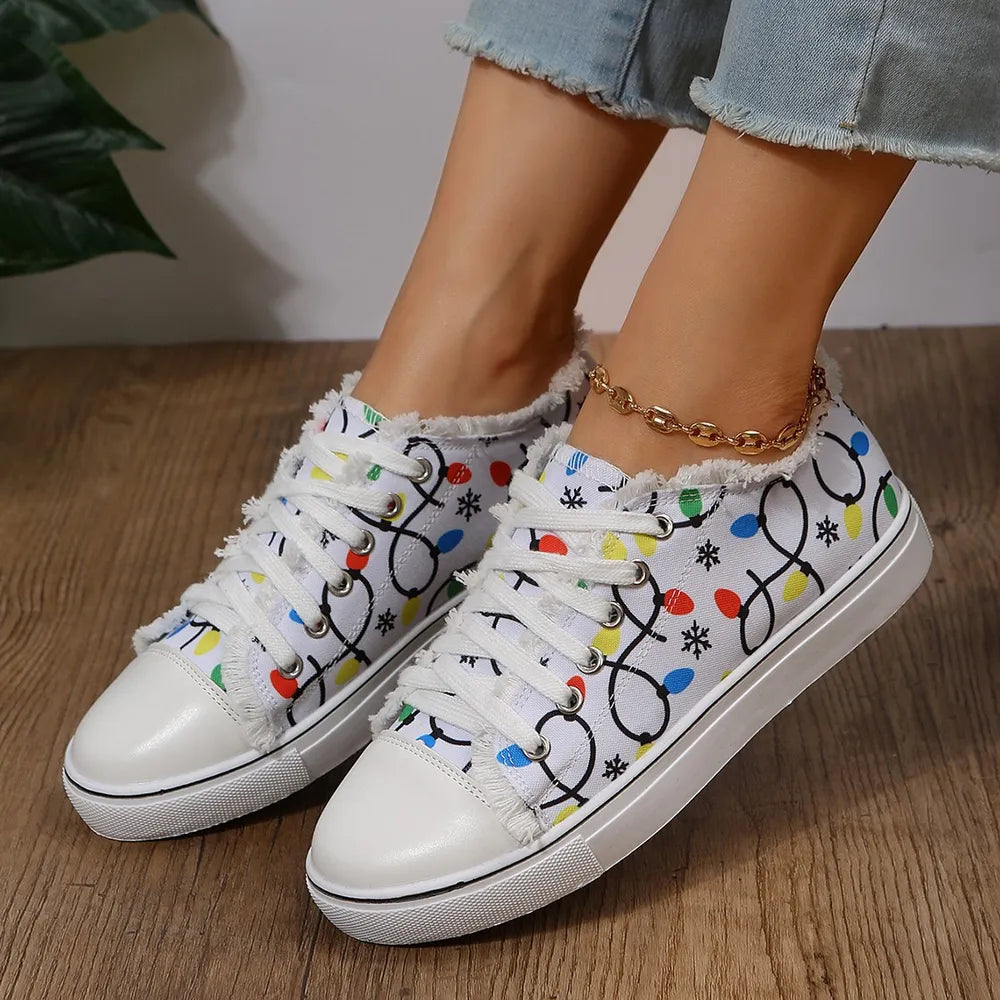 Raw Hem Printed Round Toe Sneakers Flat Canvas Shoes