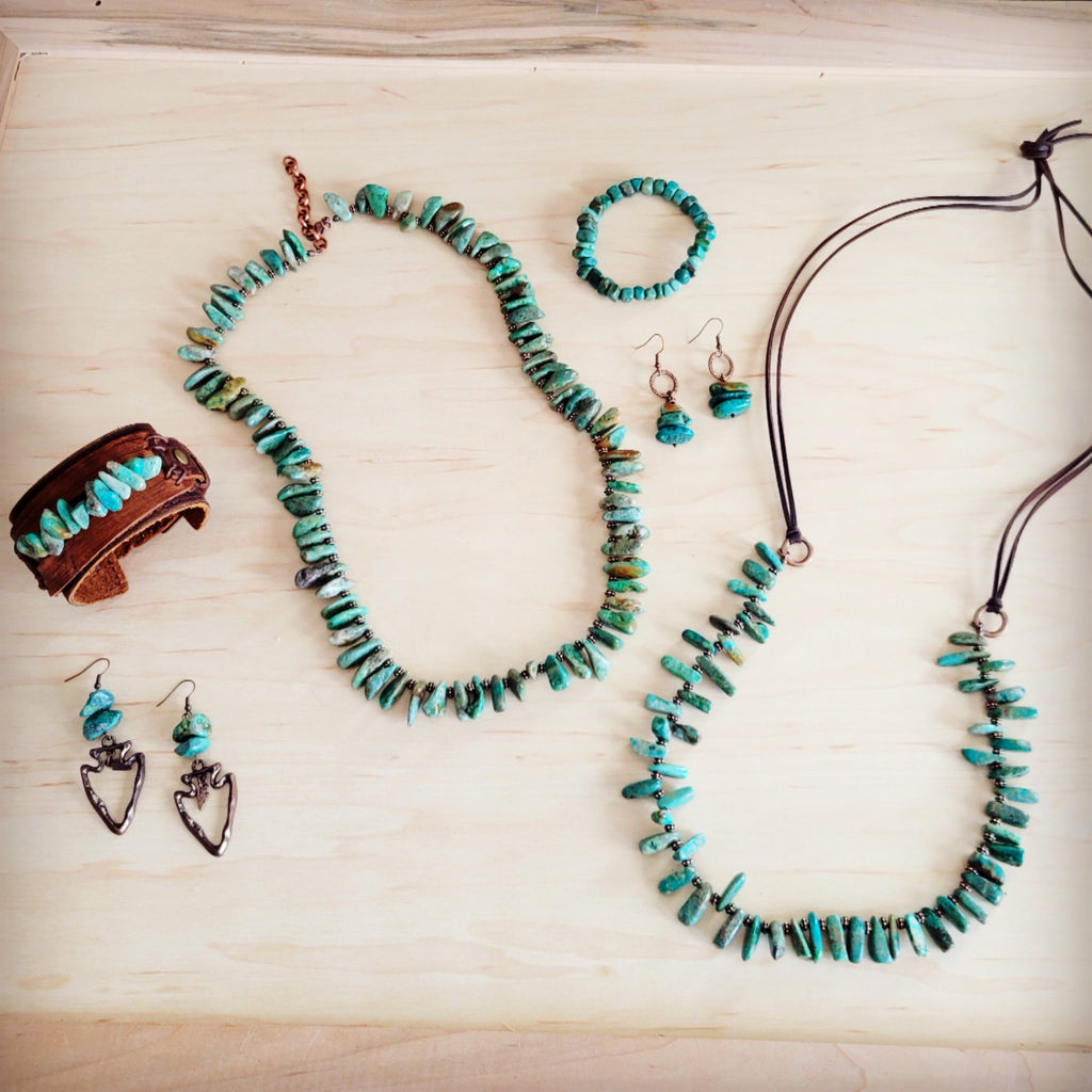 Natural Turquoise Stacked Stone Necklace with Brown Leather Tie - Image 6
