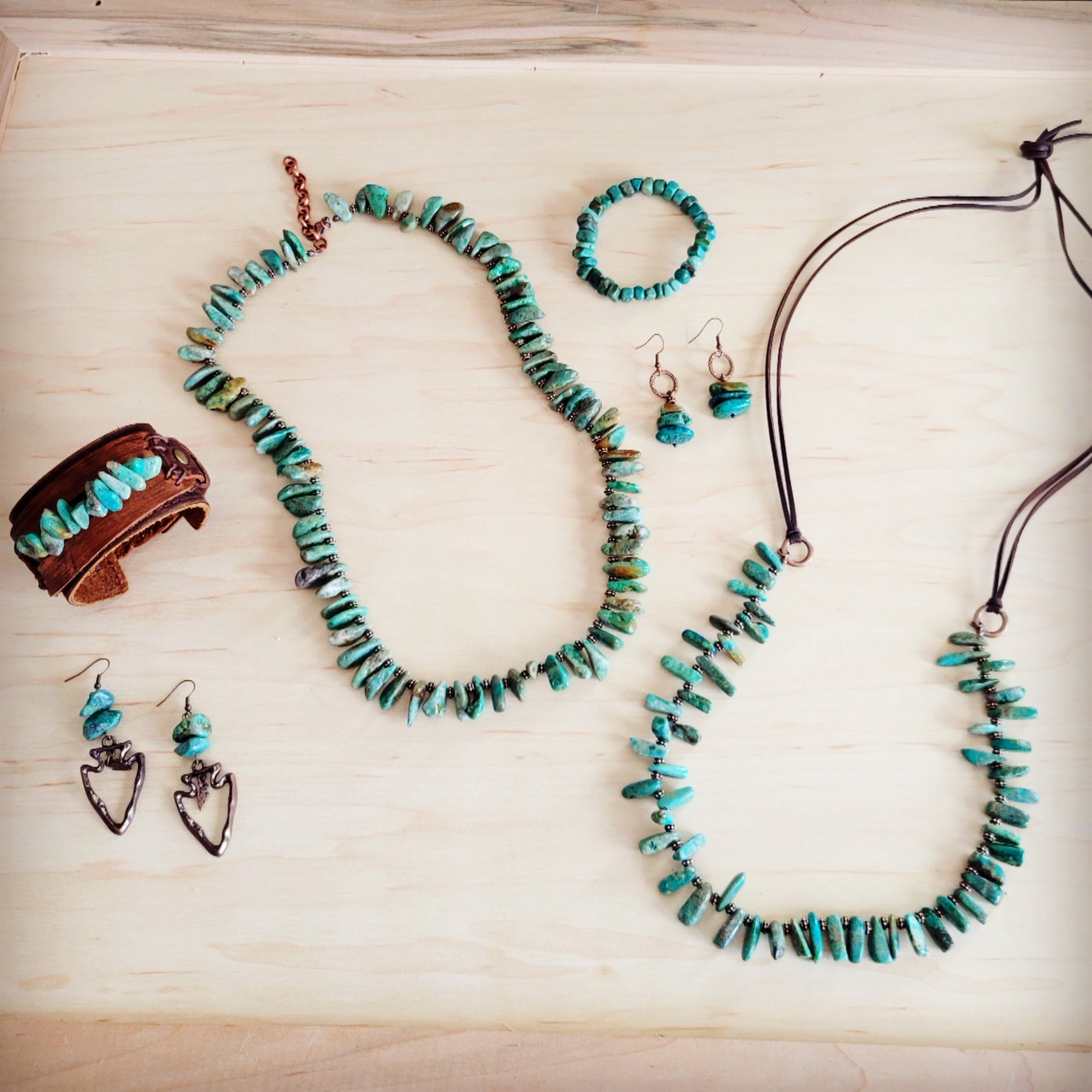 Natural Turquoise Stacked Stone Necklace with Brown Leather Tie - Image 6