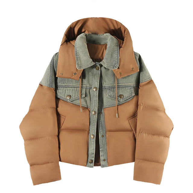 Harajuku Style Women's Patchwork Denim and Puffer Hooded Jacket with button front closure